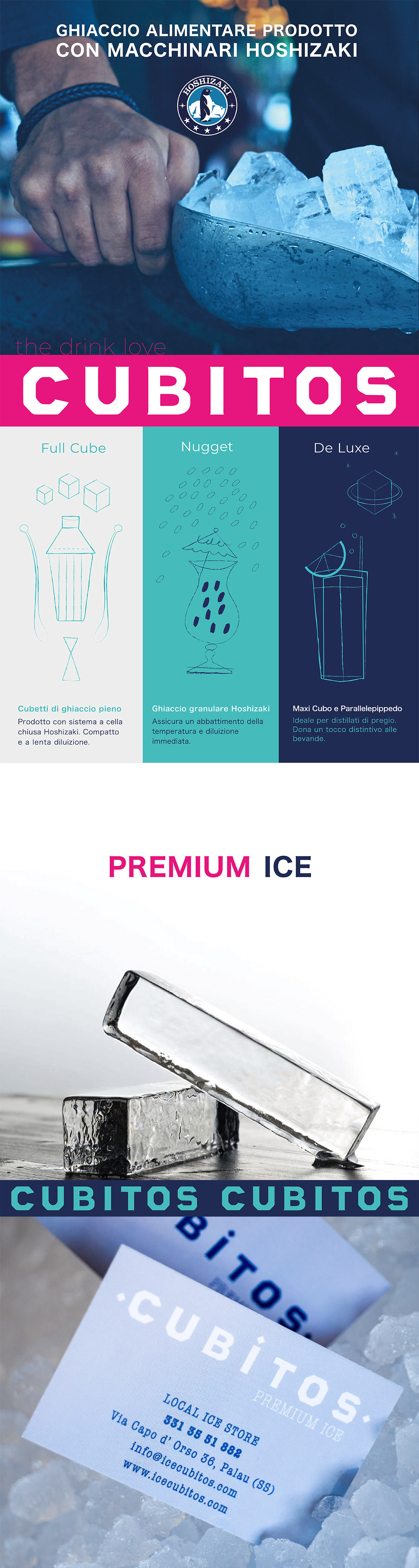 Cubitos Premium ice - Produzione e vendita di ghiaccio alimentare certificato prodotto con macchinari Hoshizaki a Palau Costa Smeralda in nord Sardegna.